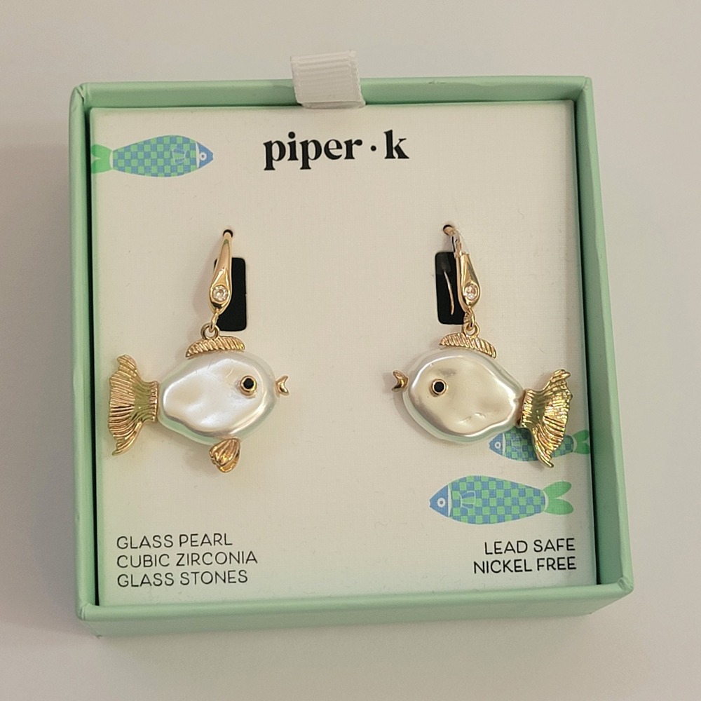Piper K Fish Drop Earrings Glass Pearl Cubic Zirconia Gold Tone Nautical Jewelry